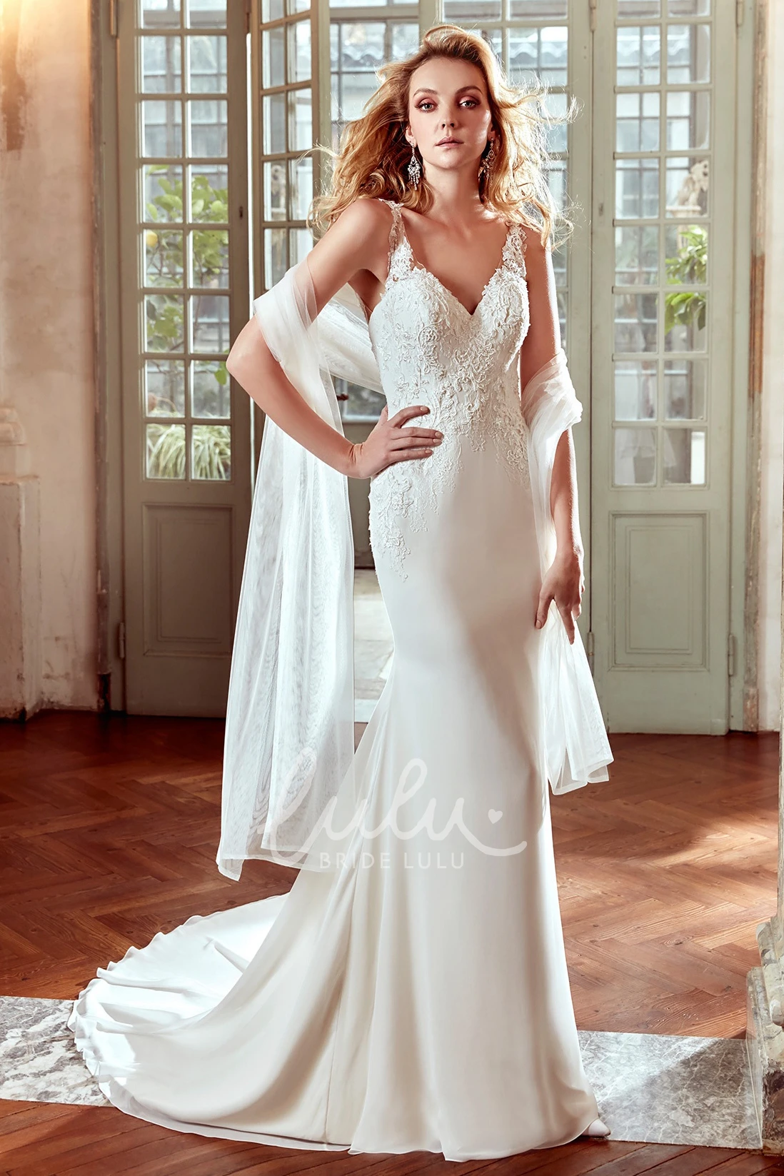 Lace Floral Straps V-Neck Sheath Wedding Dress with Brush Train
