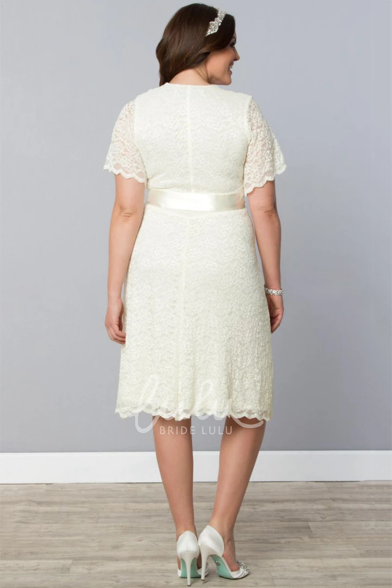 Knee-Length Lace Dress with Short Sleeves and Ribbon Elegant Wedding Dress