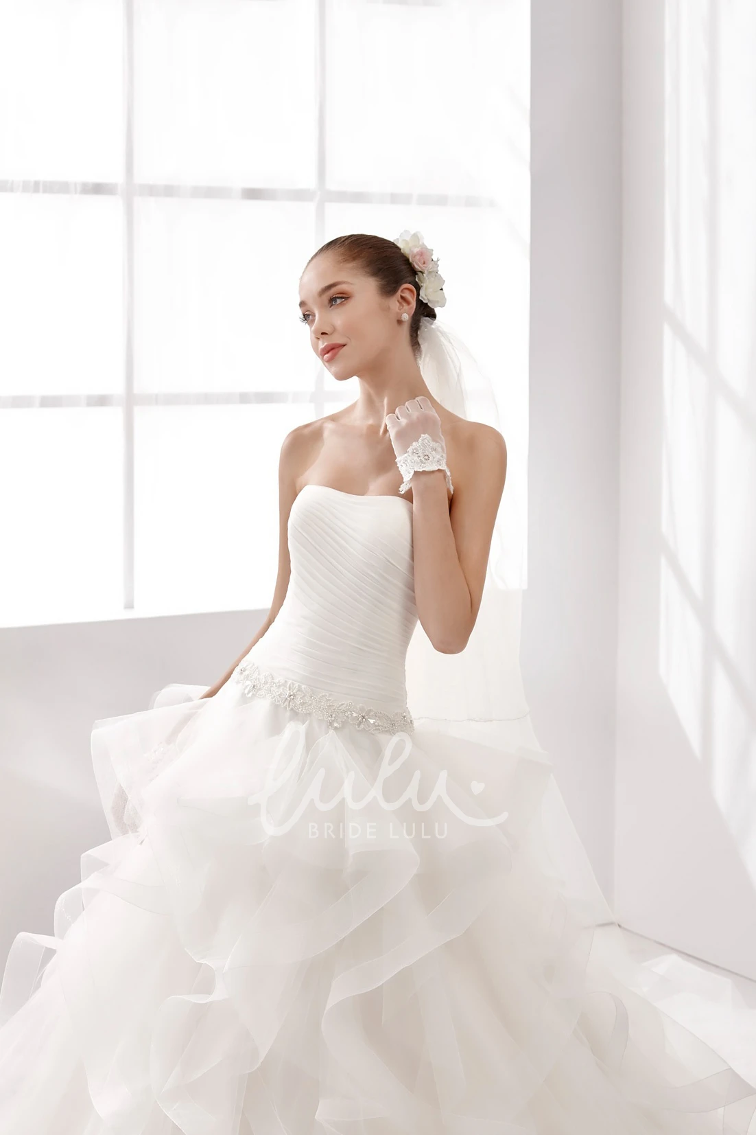Pleated A-line Cascading Ruffles Wedding Dress with Strapless Design