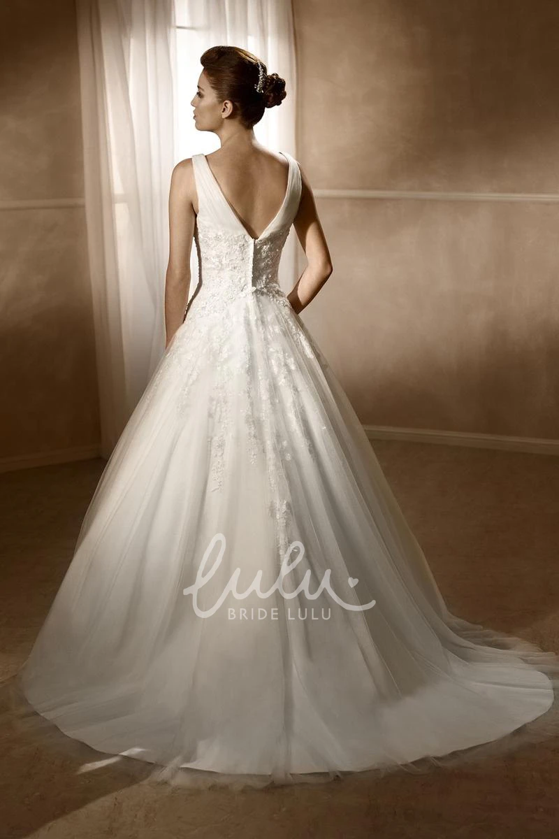 Appliqued Satin&Tulle V-Neck A-Line Wedding Dress with Court Train and Low-V Back