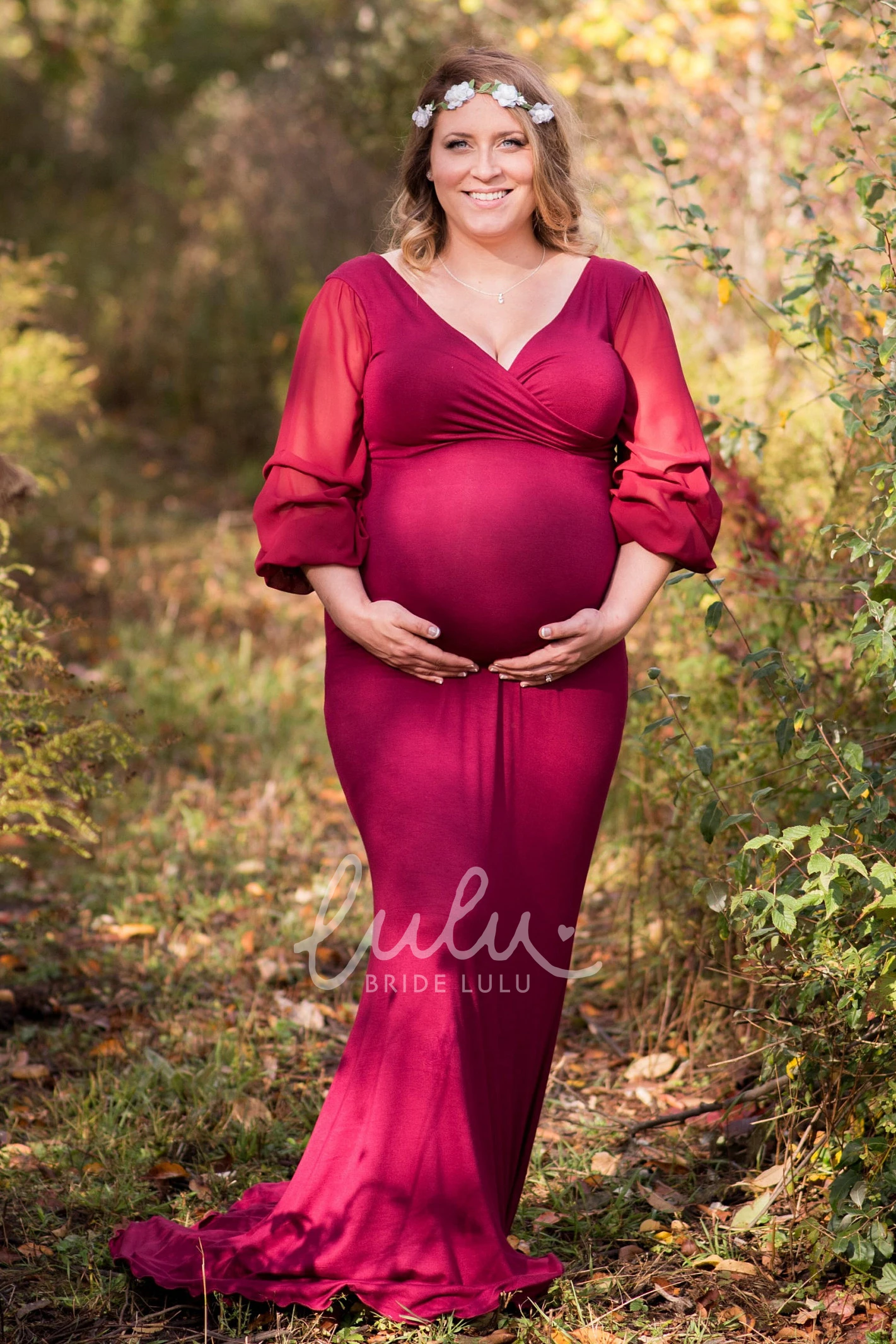 Long Sleeve Empire Maternity Bridesmaid Dress with Sweep Train