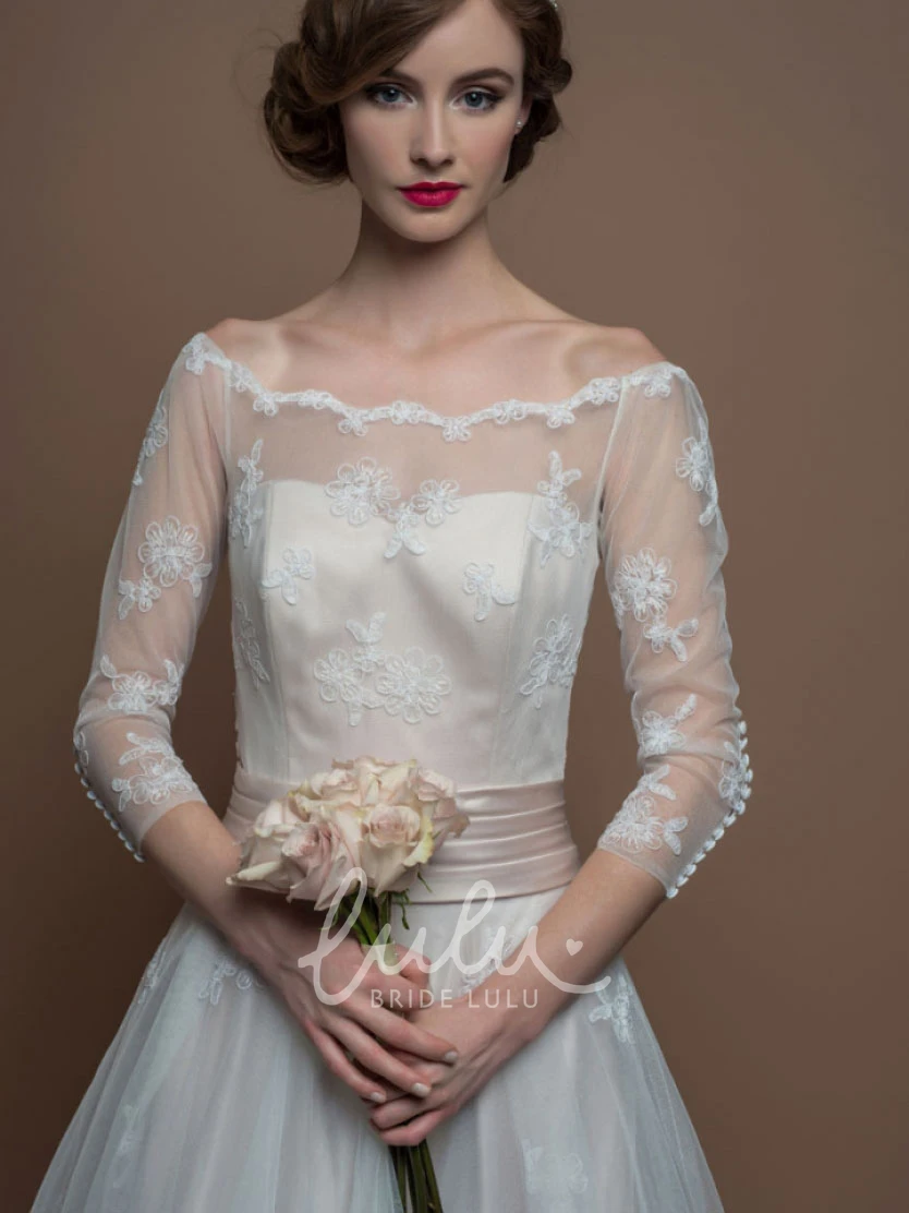 Bateau-Neck Tulle A-Line Wedding Dress with Appliques and 3-4 Sleeves