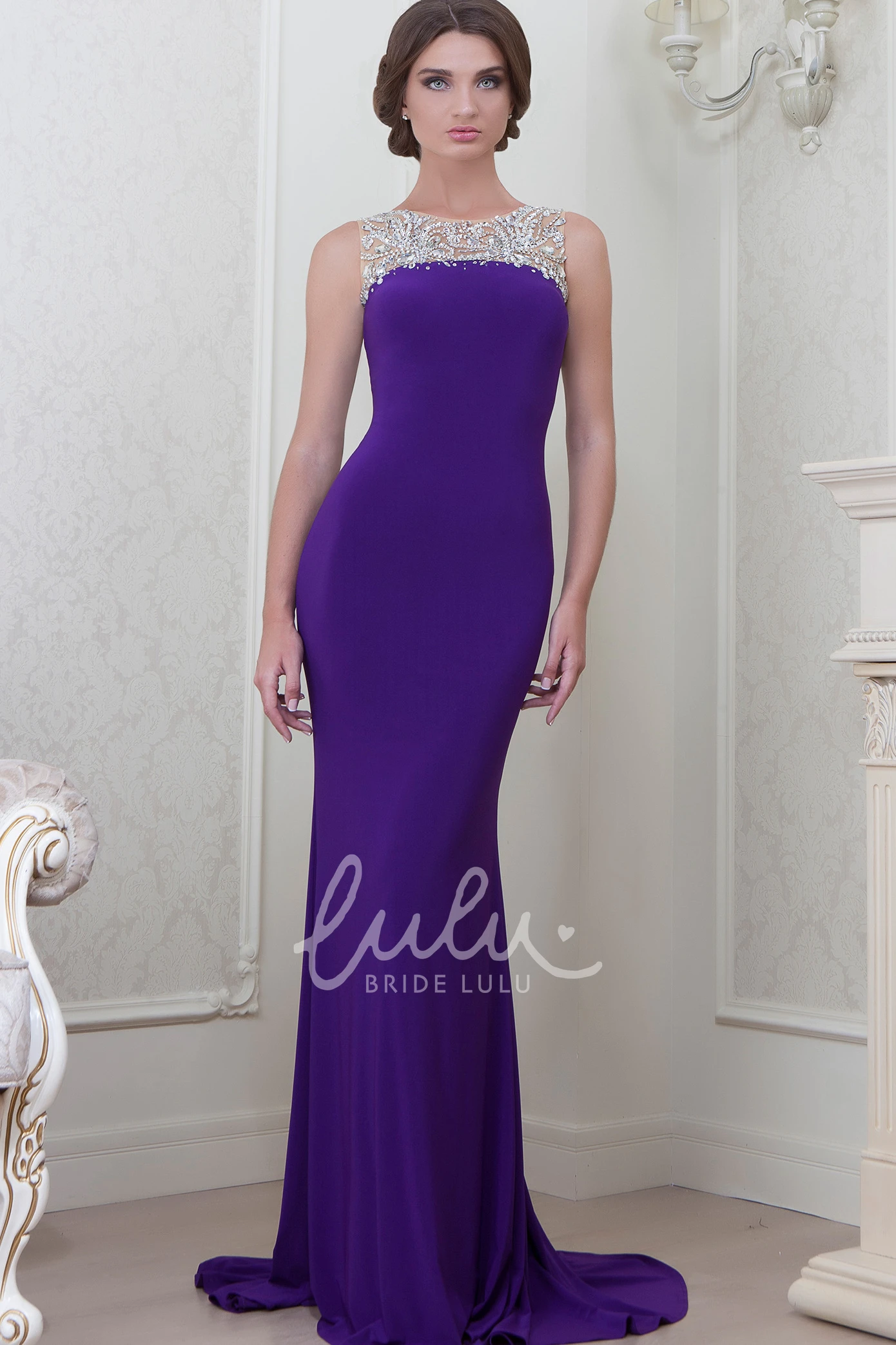 Beaded Sleeveless Jewel-Neck Sheath Evening Dress
