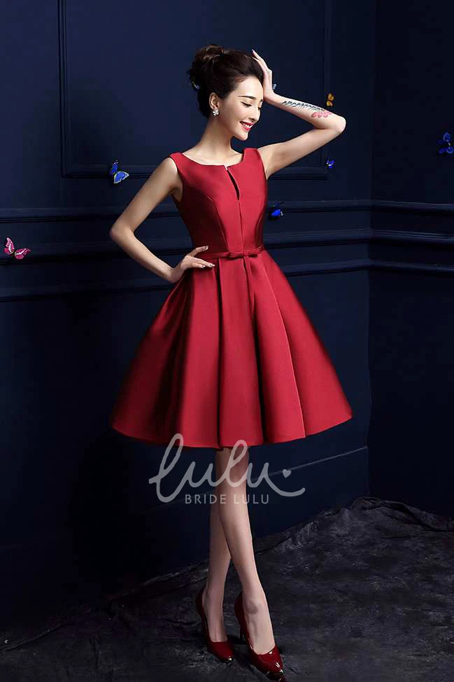 Knee-Length Satin Formal Dress with Bateau Neck and Pleats