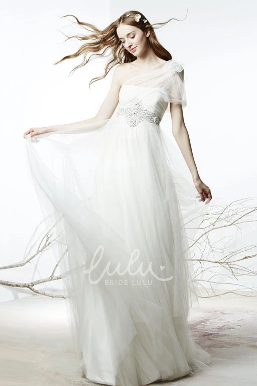 One-Shoulder Tulle Wedding Dress Empire Floral Sheath Bridal Gown