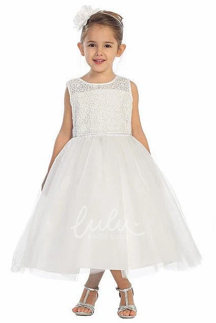 Bell-Sleeve Illusion Tea-Length Flower Girl Dress with Beaded Details