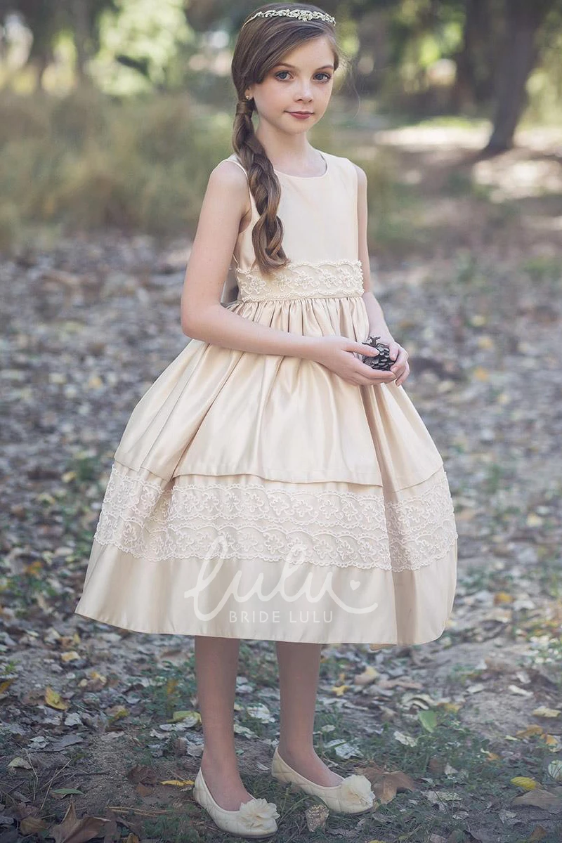 Sequined Tulle and Lace Flower Girl Dress with Tiered Skirt Tea-Length