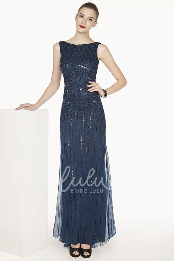 Cowl Open Back Tulle Sequin Prom Dress with Bateau Neckline Long