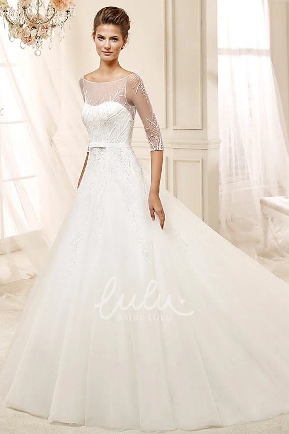 Illusive A-line Wedding Dress with Brush Train and Half Sleeves Modern Wedding Dress Women