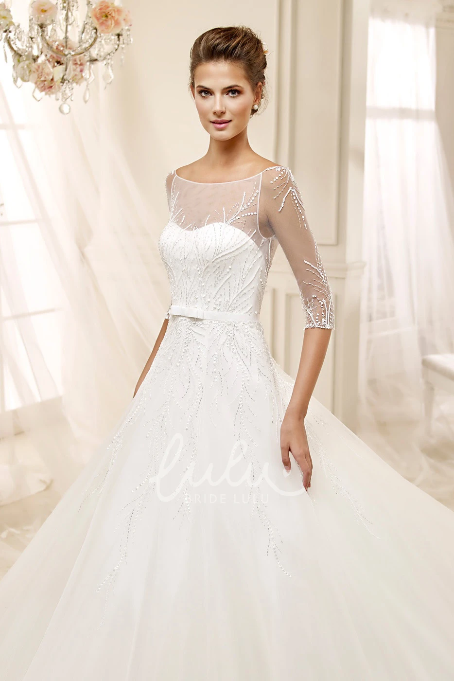 Illusive A-line Wedding Dress with Brush Train and Half Sleeves Modern Wedding Dress Women