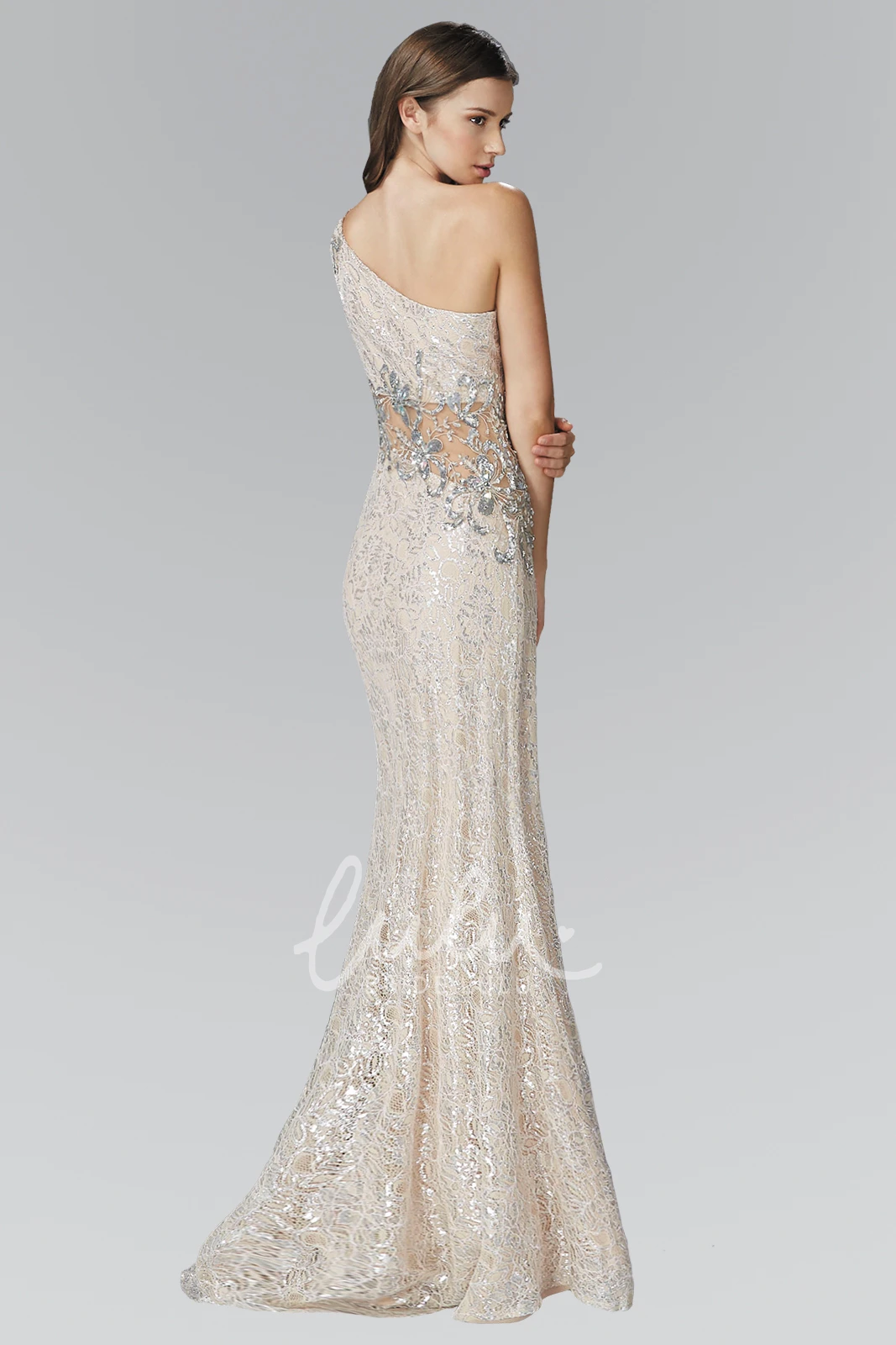 One-Shoulder Sleeveless Lace Dress with Beading and Pleats Maxi Sheath