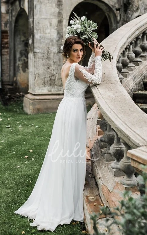 Vintage 1920s Wedding Dress Long Sleeve Sheath Chiffon Floor-length with Lace Deep-V Back