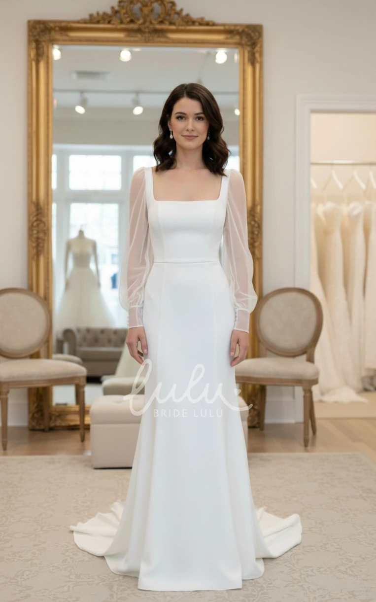 Modern Mermaid Long Sleeve Winter Wedding Dress Square Neck Open Back Modern Bridal Gown