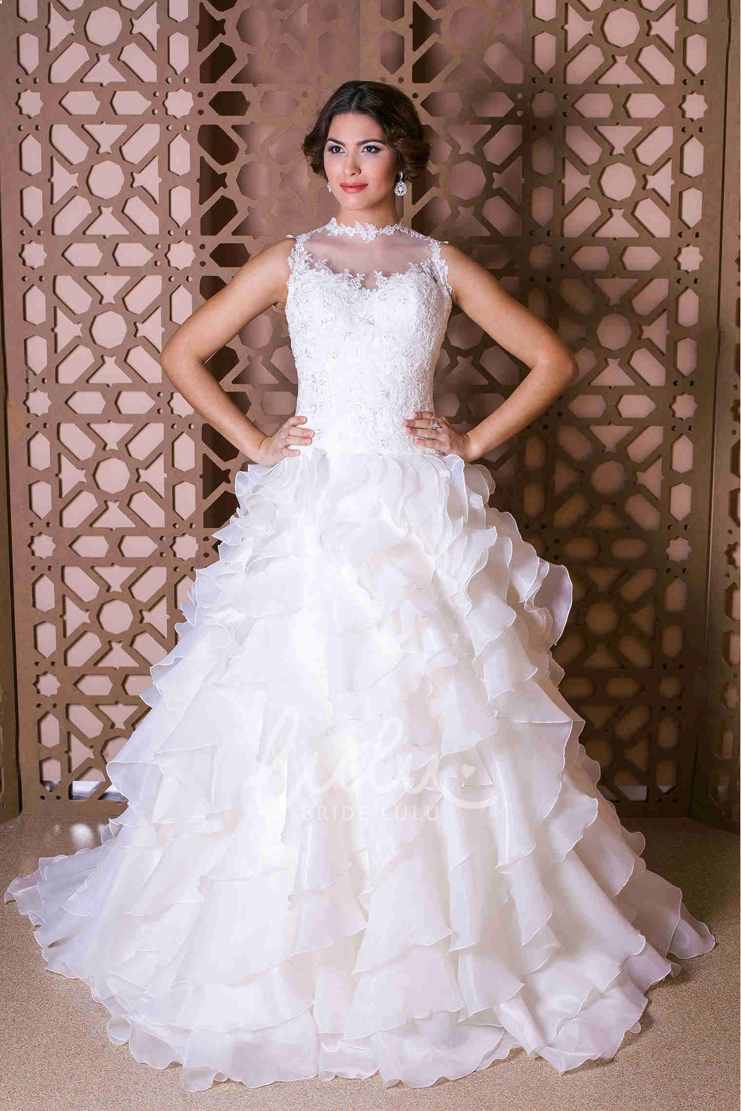 Sleeveless A-Line Organza Wedding Dress with Appliques and Ruffles Unique Bridal Gown