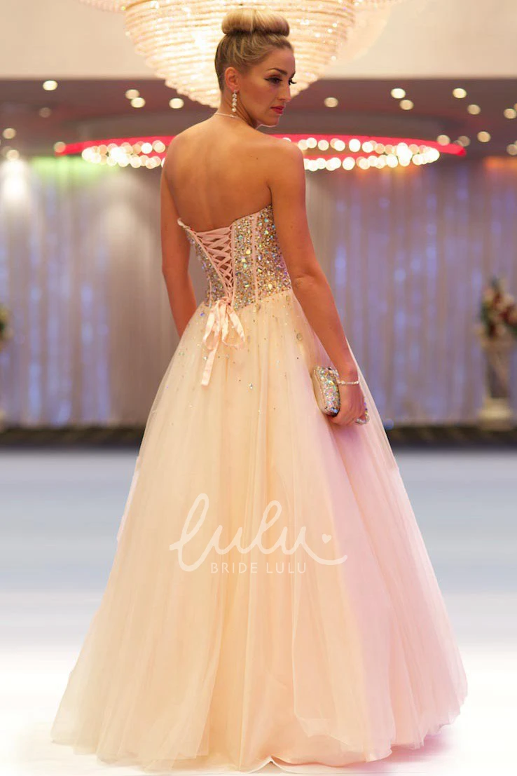 Beaded Tulle Prom Dress with Pleats Long Sleeveless A-Line