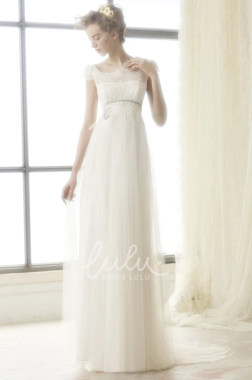 Sleeveless Lace Bateau Tulle Wedding Dress with Sweep Train Unique Wedding Dress
