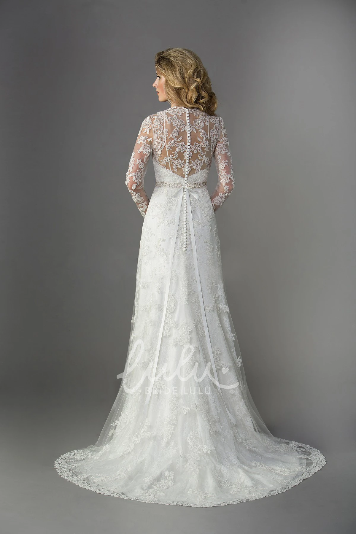 V-Neck A-Line Wedding Dress with Long Sleeves and Illusion Appliques