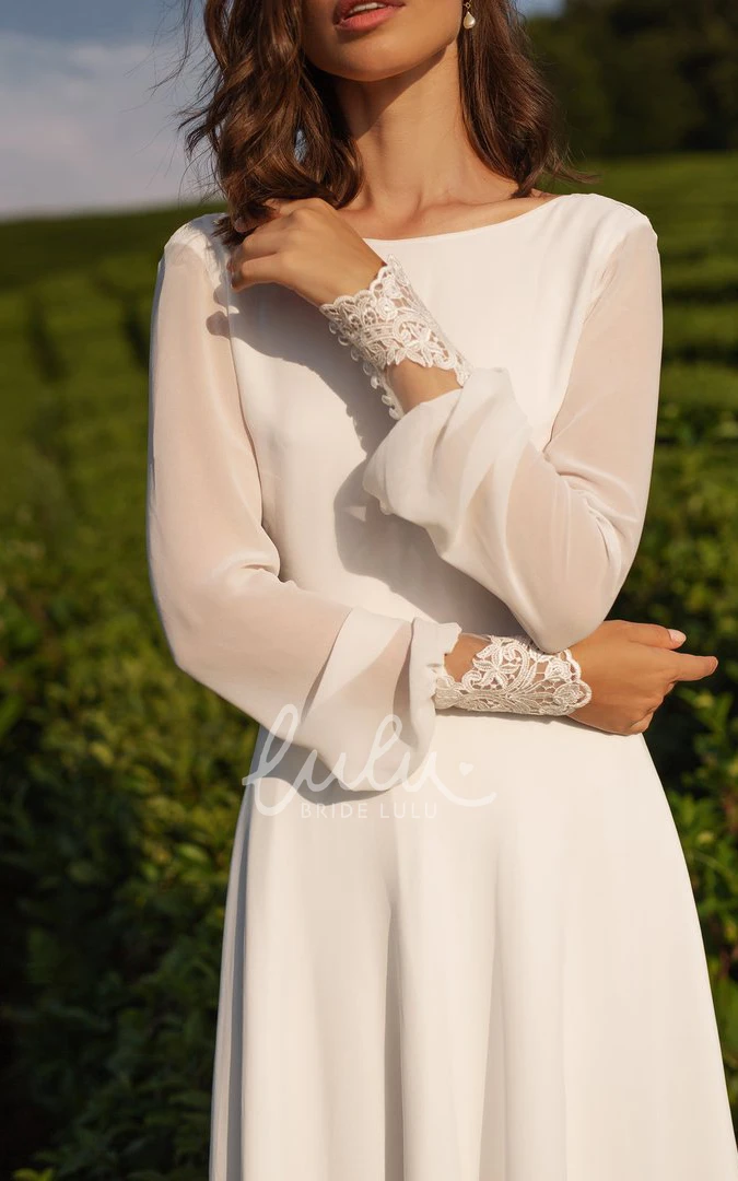 Chiffon A-Line Long Sleeve Lace Wedding Dress with Low-V Back Flowy and Classy