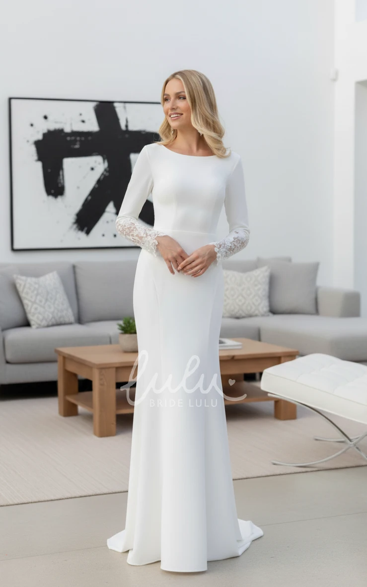 Elegant Bateau Lace Solid Bridal Gown Modest Sheath Satin Long Sleeve Wedding Dress