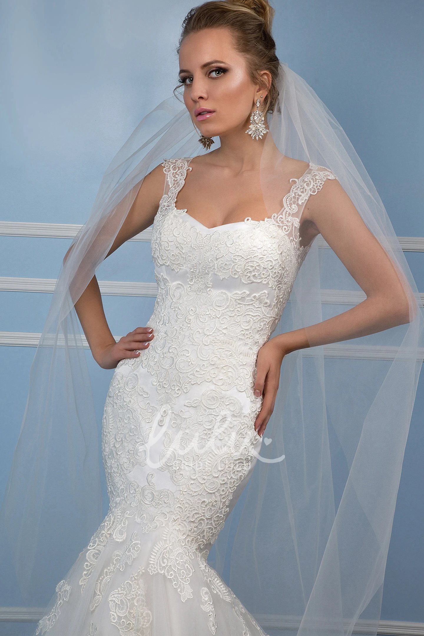 Trumpet Illusion Back Tulle Wedding Dress with Appliques and Court Train Unique Bridal Gown