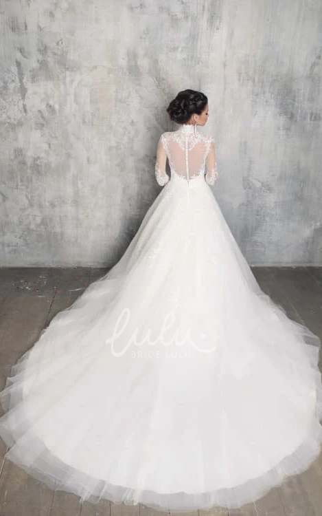 Illusion Tulle Ball Gown Wedding Dress with 3/4 Sleeves and Appliques