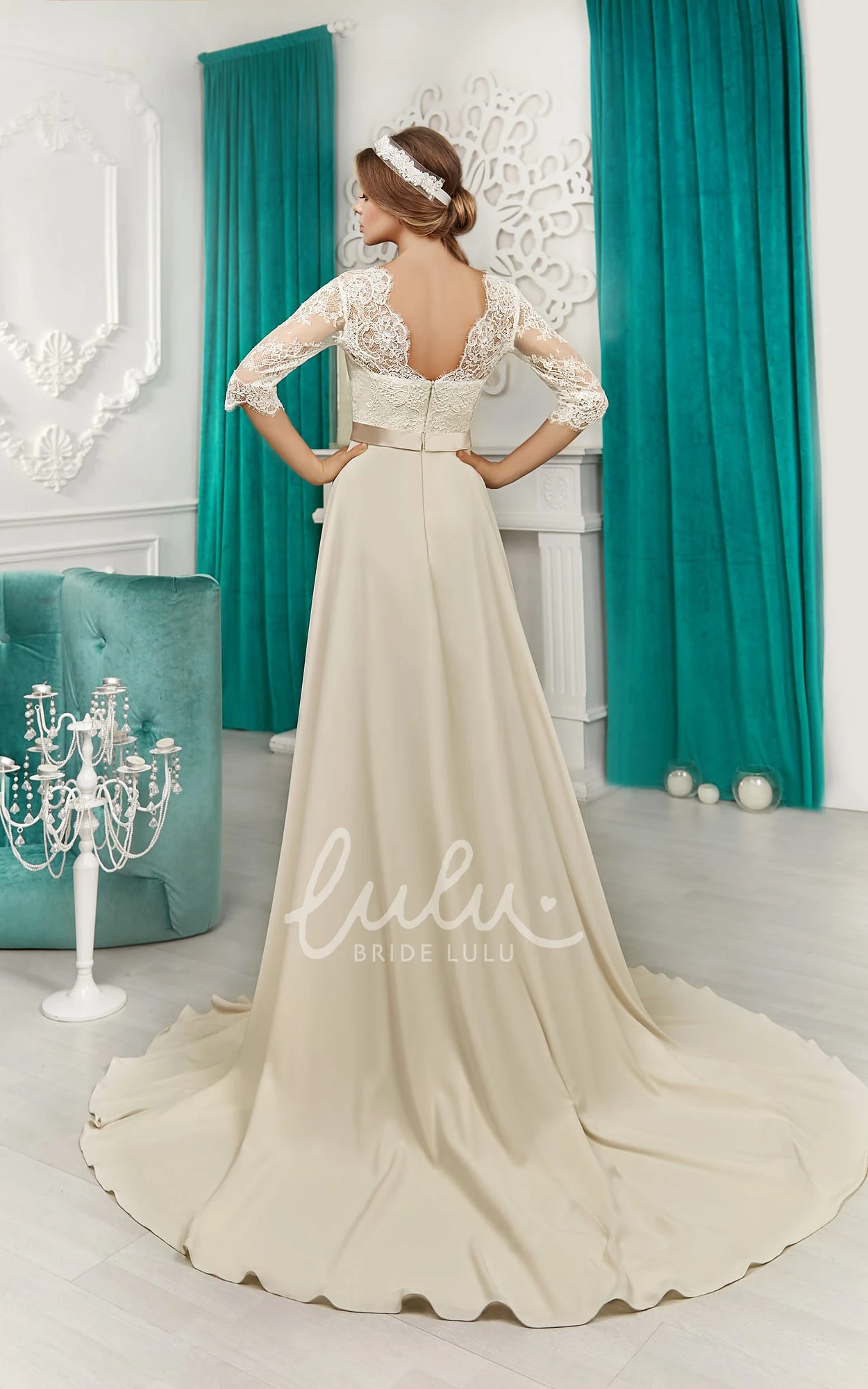 Lace V-Back Satin Winter Wedding Dress with Half Sleeves