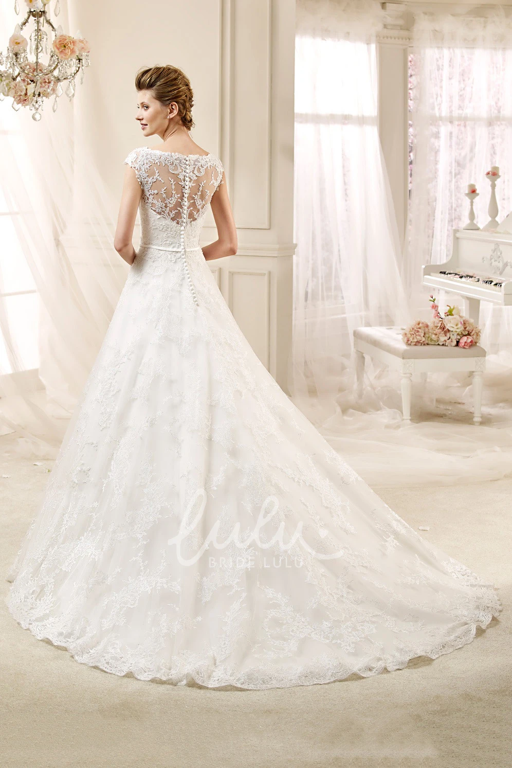 A-line Lace Wedding Gown with Cap Sleeves Appliques and Jewel Neckline