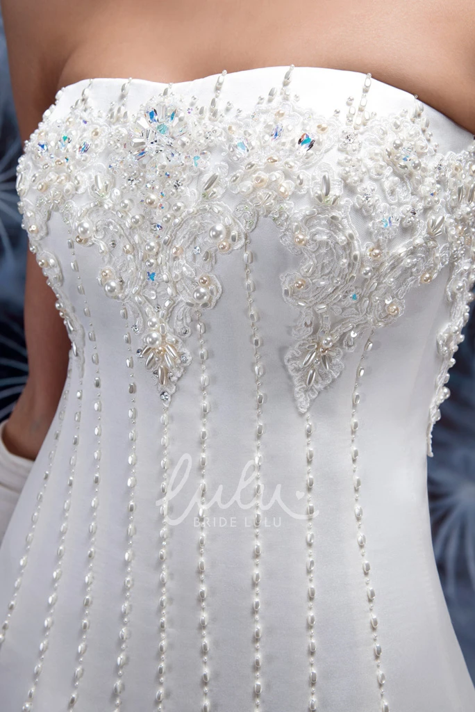 Strapless Satin A-Line Wedding Dress with Beading and Ruffles Flowy Bridal Gown