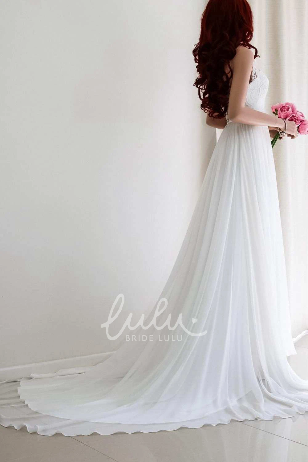 Empire Halter Lace Wedding Dress with Sweep Train and Pleats