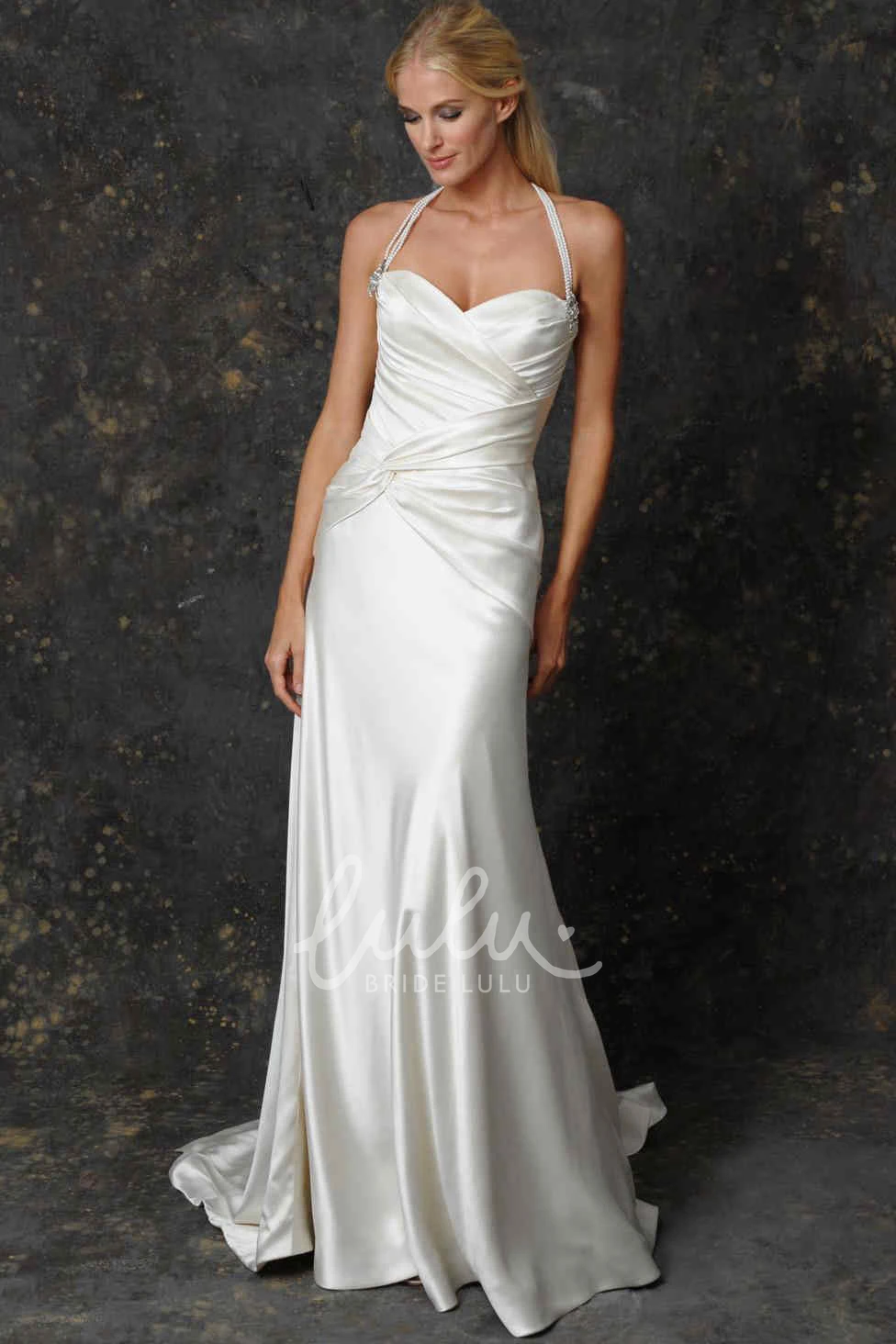 Ruched Halter Satin Wedding Dress with Broach Sleeveless Sheath Wedding Dress