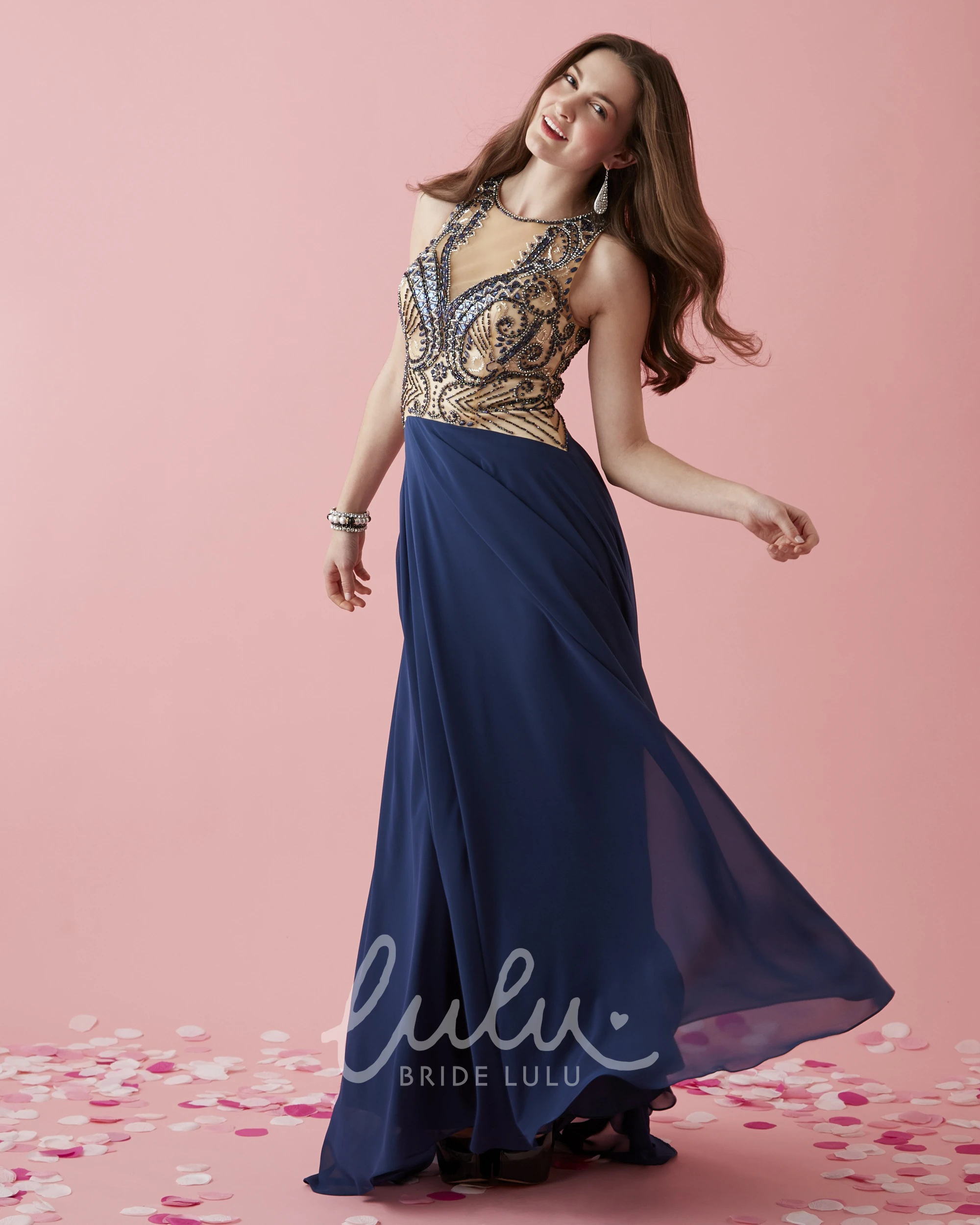 Long Chiffon Illusion Dress with Beading A-Line Scoop-Neck