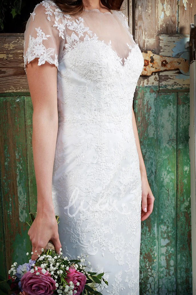 Illusion Appliques Lace Wedding Dress with Short-Sleeve Bateau-Neck Sheath