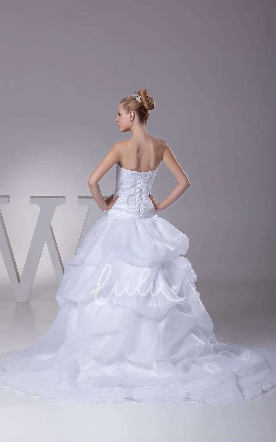 Appliqued A-Line Organza Wedding Dress With Pick-Up Design and Strapless Neckline
