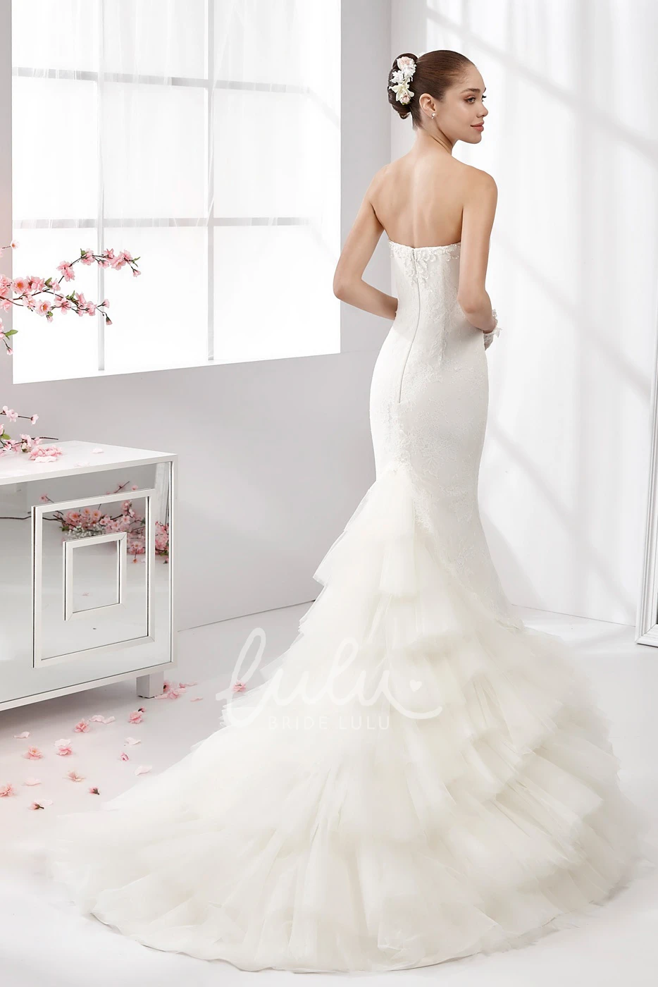 Sheath Lace Wedding Dress with Floral Bust and Tiers Train