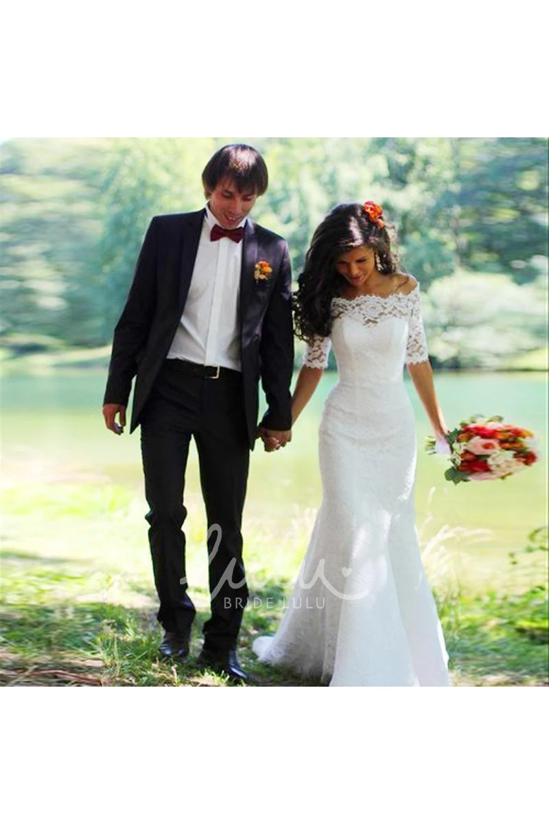 Modern Off-the-shoulder Half-sleeve Mermaid Spring Wedding Dress With Lace