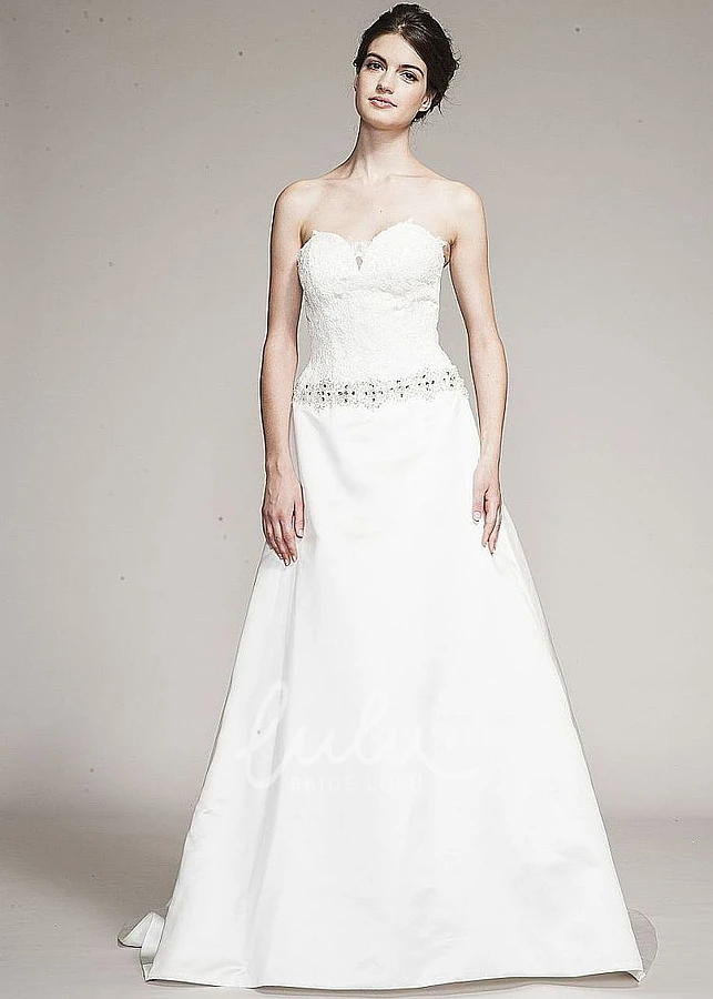 Sweetheart Satin A-Line Wedding Dress with Jeweled Lace and Long Train