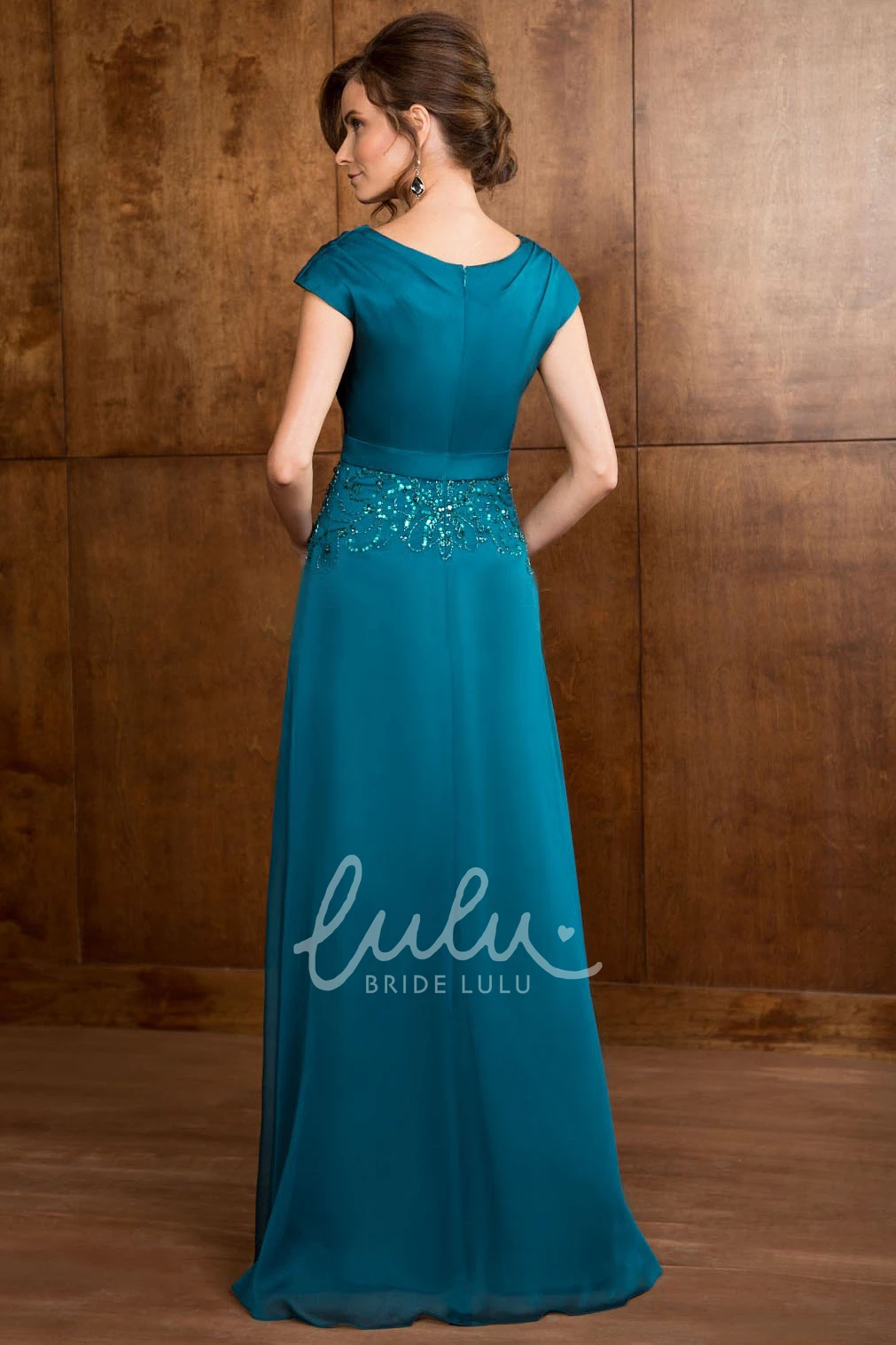 Draped Neckline Mother Of The Bride Dress with Sequins Long Cap Sleeves