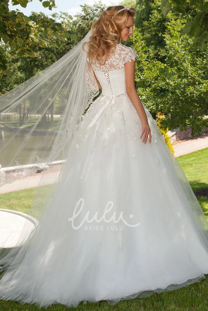 Jeweled Tulle A-Line Wedding Dress with Ruching and Cape Elegant Bridal Gown