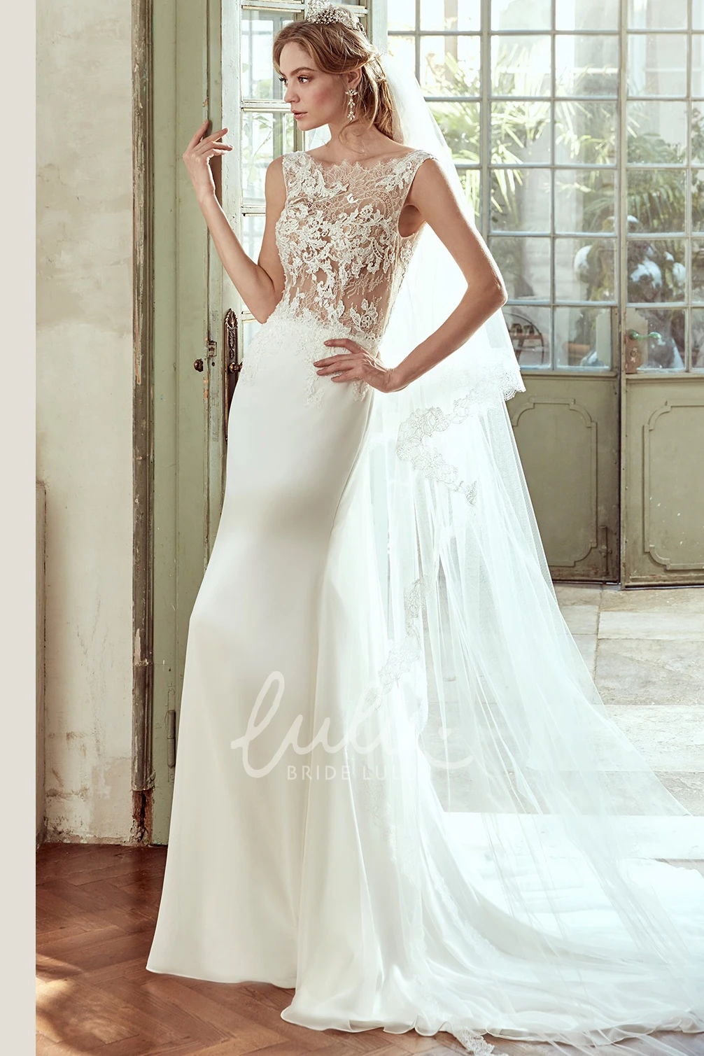 Illusive Lace Cap-Sleeve Sheath Wedding Dress with Open Back