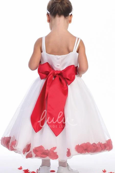 Petal-Sleeve Tea-Length Spaghetti Tulle Flower Girl Dress Unique Prom Dress