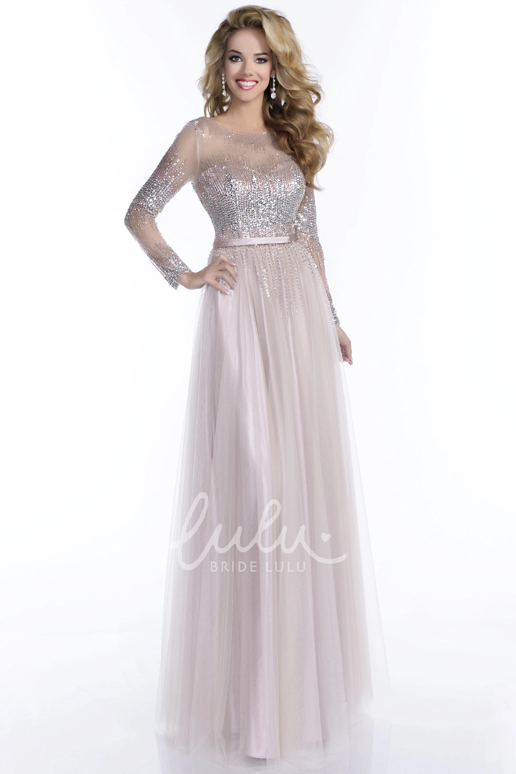 Sequined A-Line Tulle Prom Dress with Long Sleeve Keyhole Back