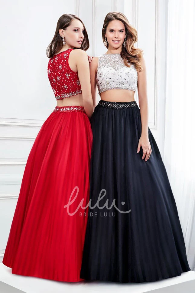 Beaded A-Line Prom Dress with Jewel Neck and Pleats