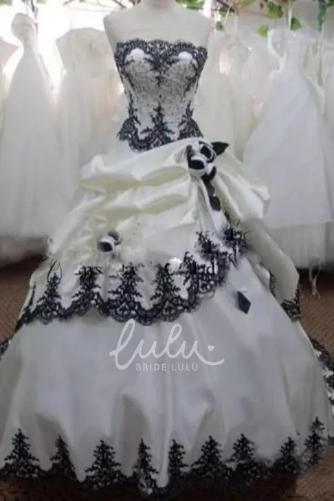 Strapless Taffeta Ball Gown Wedding Dress with Appliques and Ruffles Court Train Sleeveless