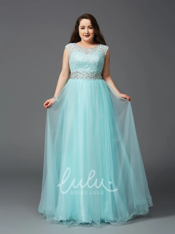 Illusion A-line Lace Formal Dress with Scoop Neckline and Jeweled Waist