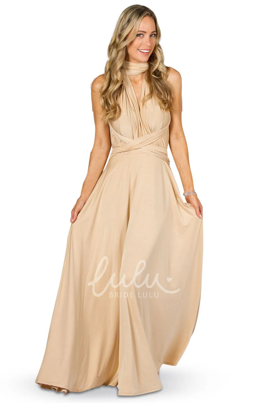 Strapped Sleeveless Convertible Bridesmaid Dress with Bow Elegant Jersey