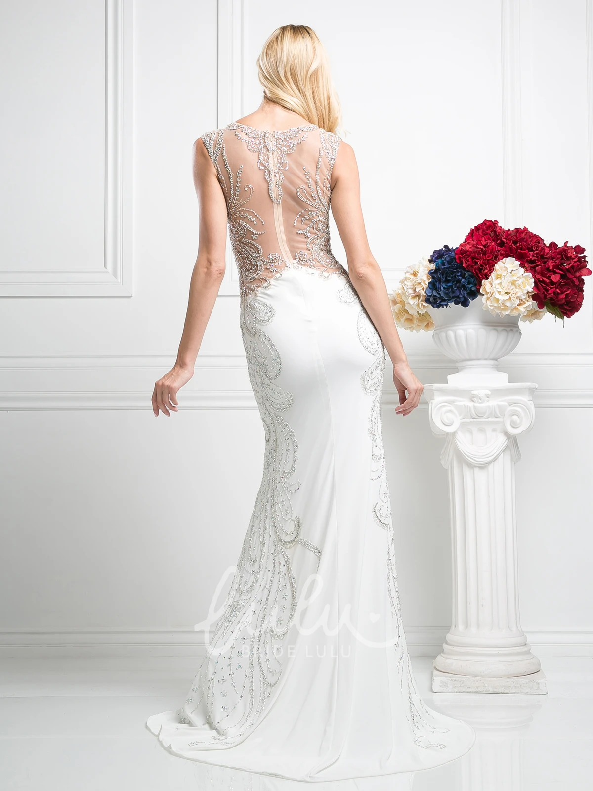 Sleeveless Sheath Jersey Illusion Formal Dress with Beading Bateau Neckline