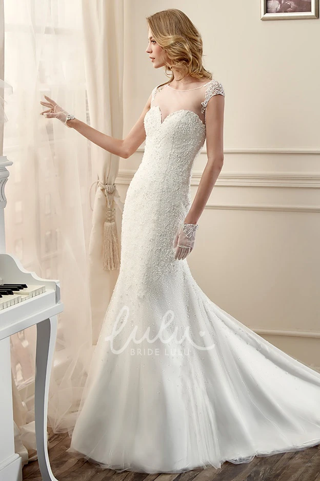Long Lace Wedding Dress with Cap Sleeves Open Back and Court Train