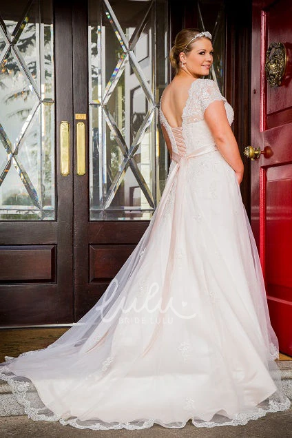 Lace Top Short Sleeve A-Line Tulle Dress With Crystal Sash Lace Top Short Sleeve A-Line