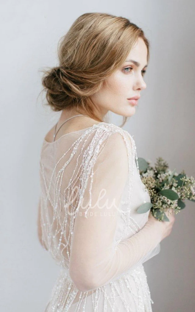 Beaded Illusion V-Neck Tulle Winter Wedding Dress