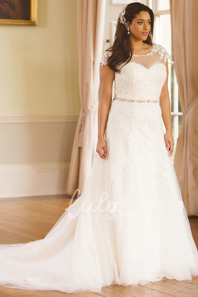 Plus Size Lace Wedding Dress with Jeweled Scoop Neckline